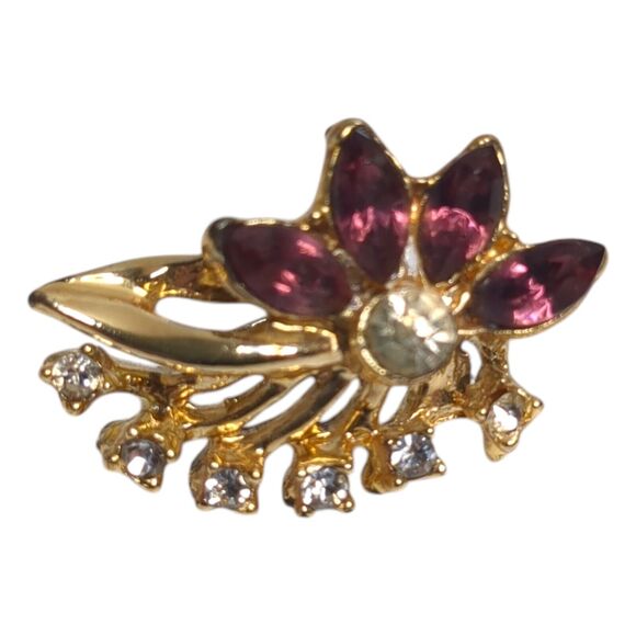 Vintage Purple Clear Rhinestone Gold Tone Floral Clip On Screw Back Earrings - Picture 6 of 7